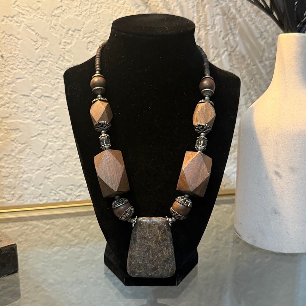 Vintage Boho Wood & Stone Statement Necklace- Earth Tone Artisan Style